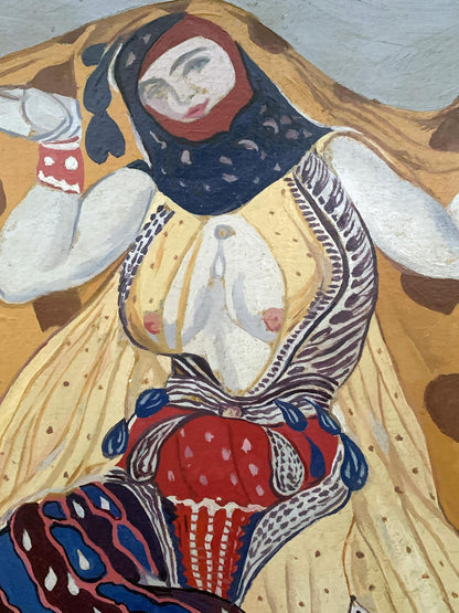 Abstract oil portrait of girl in blue headscarf and geometric dress by V. Konotopsky, inspired by Lev Bakst