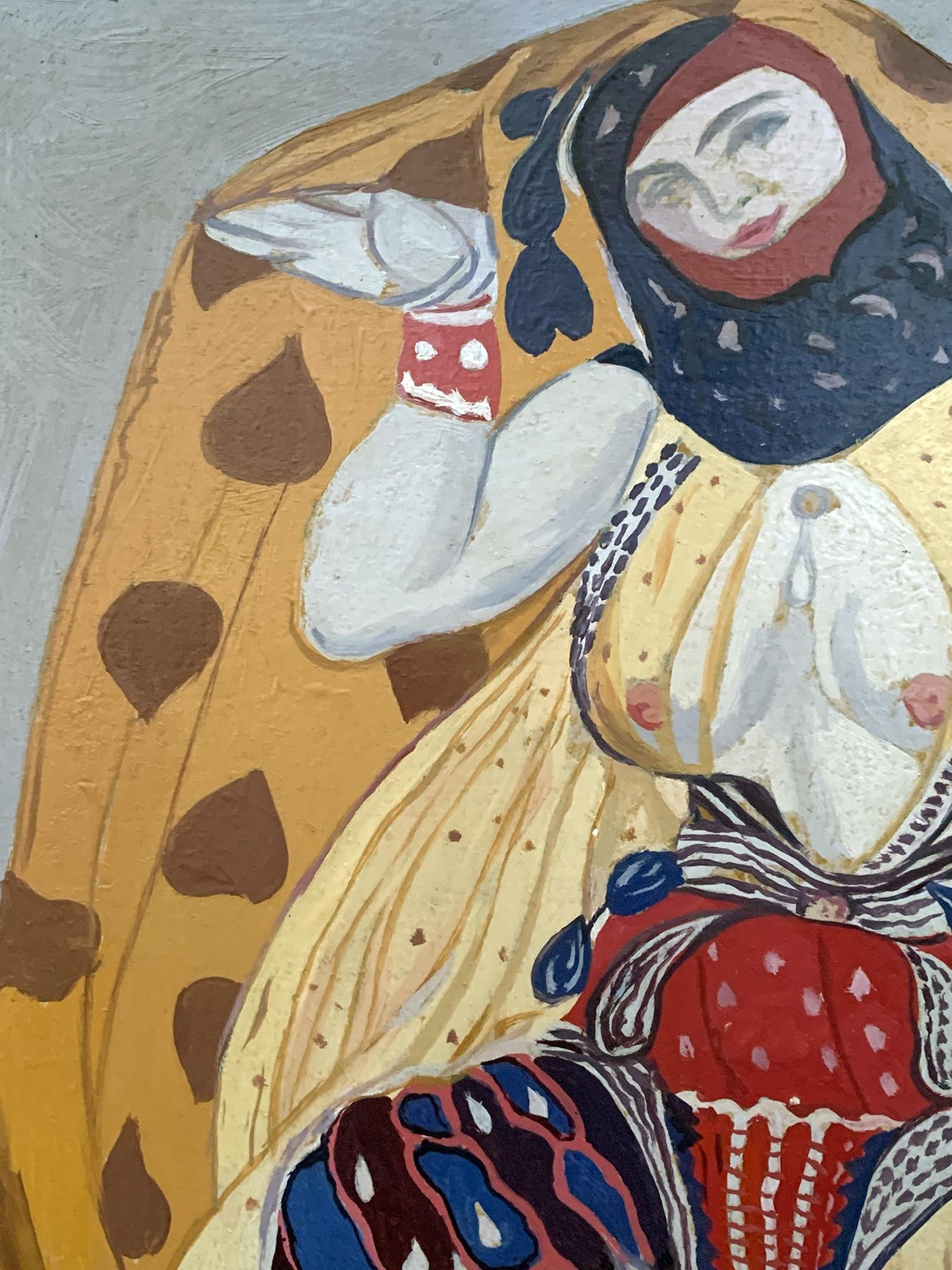 Abstract oil painting portrait of girl in blue-red headscarf by V. Konotopsky, Lev Bakst style
