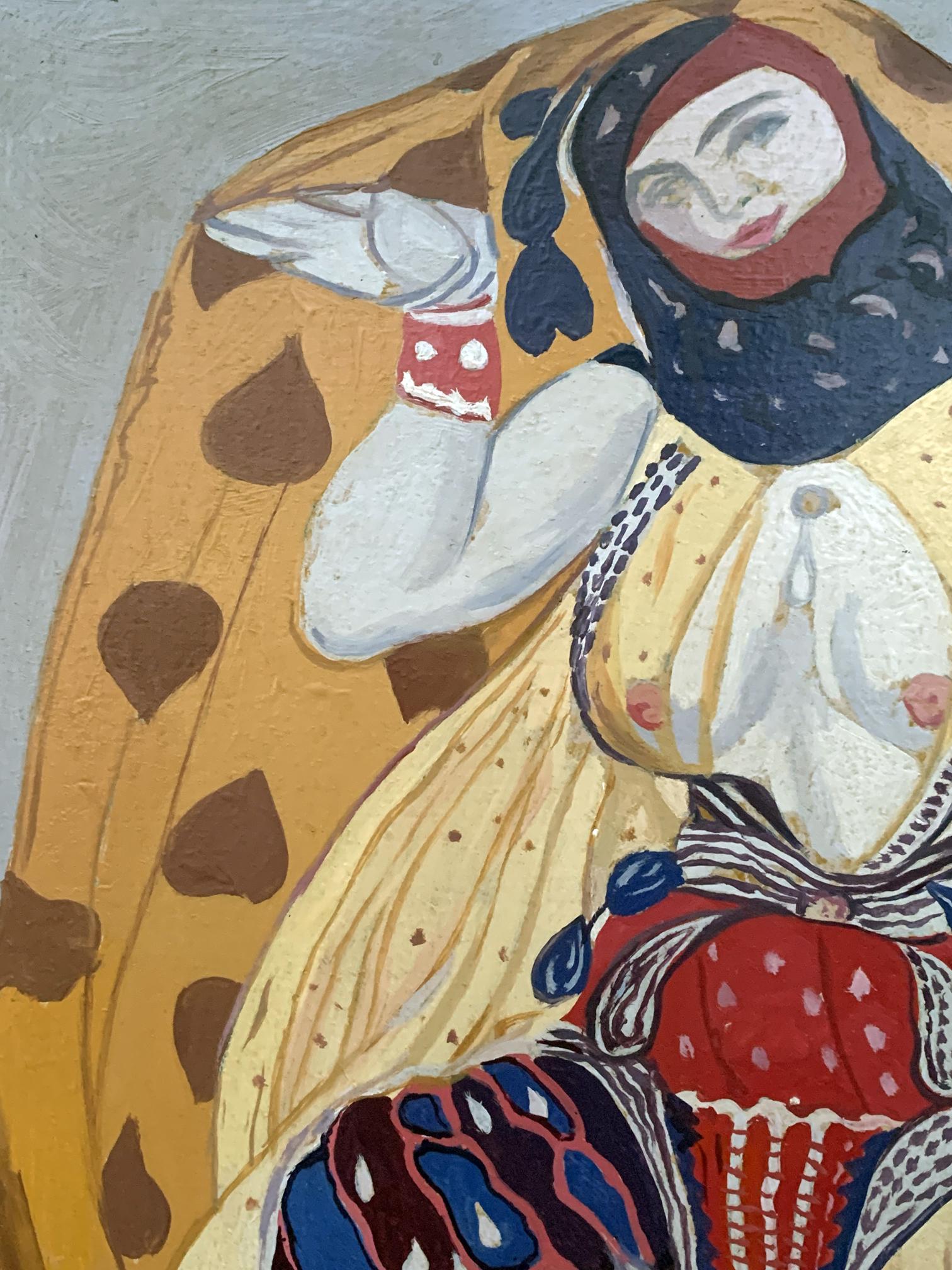 Abstract oil painting portrait of girl in blue-red headscarf by V. Konotopsky, Lev Bakst style