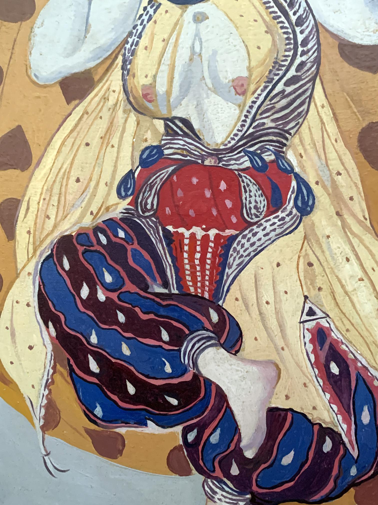 Abstract oil portrait of girl in yellow patterned garment by V. Konotopsky, Lev Bakst style