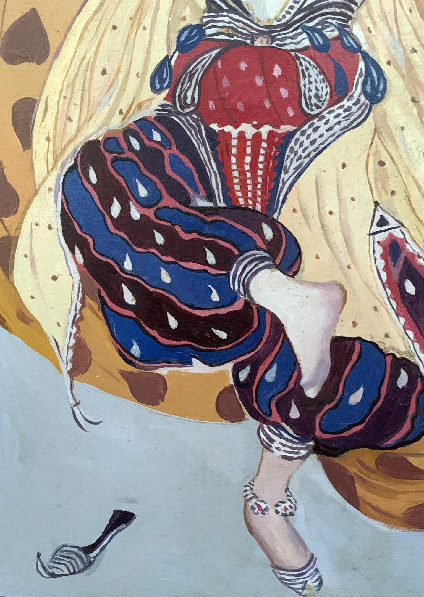 Abstract oil portrait of girl in ornate red blue garment by V. Konotopsky based on Lev Bakst