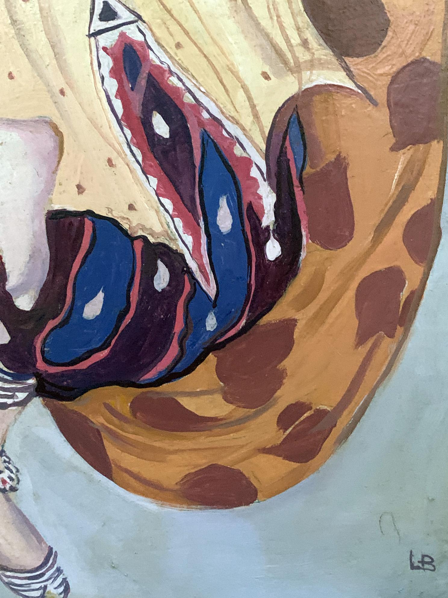 Vibrant abstract oil portrait of girl by V. Konotopsky, Lev Bakst style