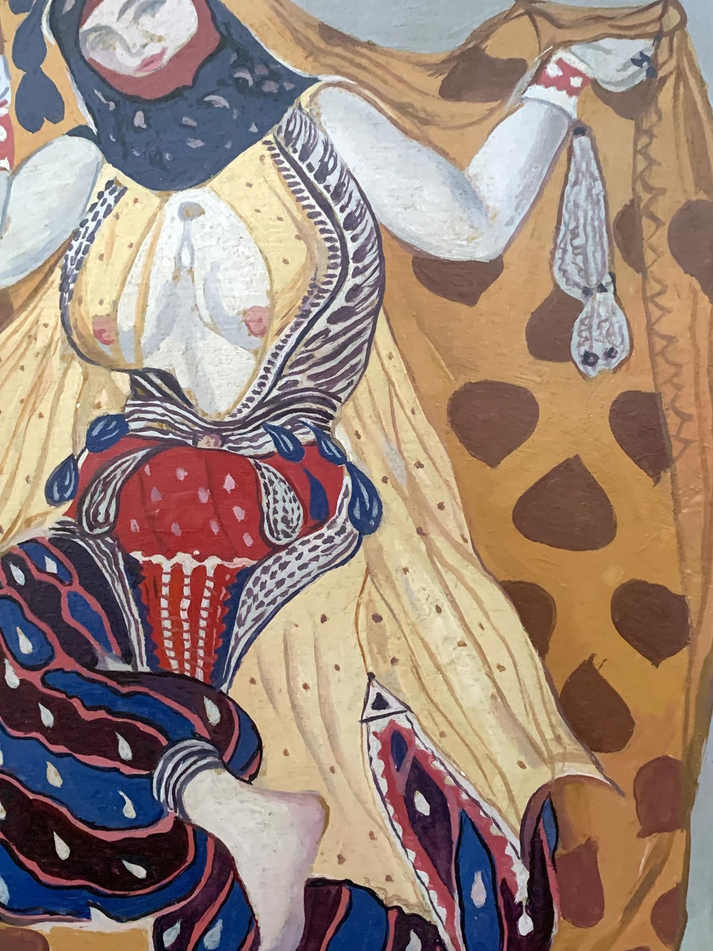 Abstract oil painting portrait of girl in traditional attire by V. Konotopsky, inspired by Lev Bakst
