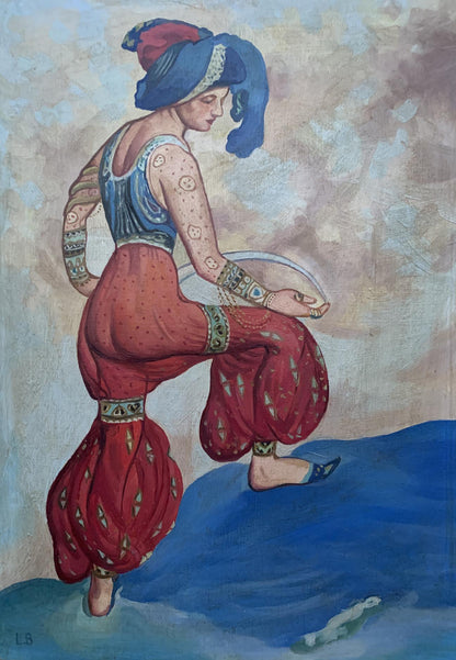 Oil painting of Red Sultana by V. Konotopsky, woman in vibrant red patterned garment