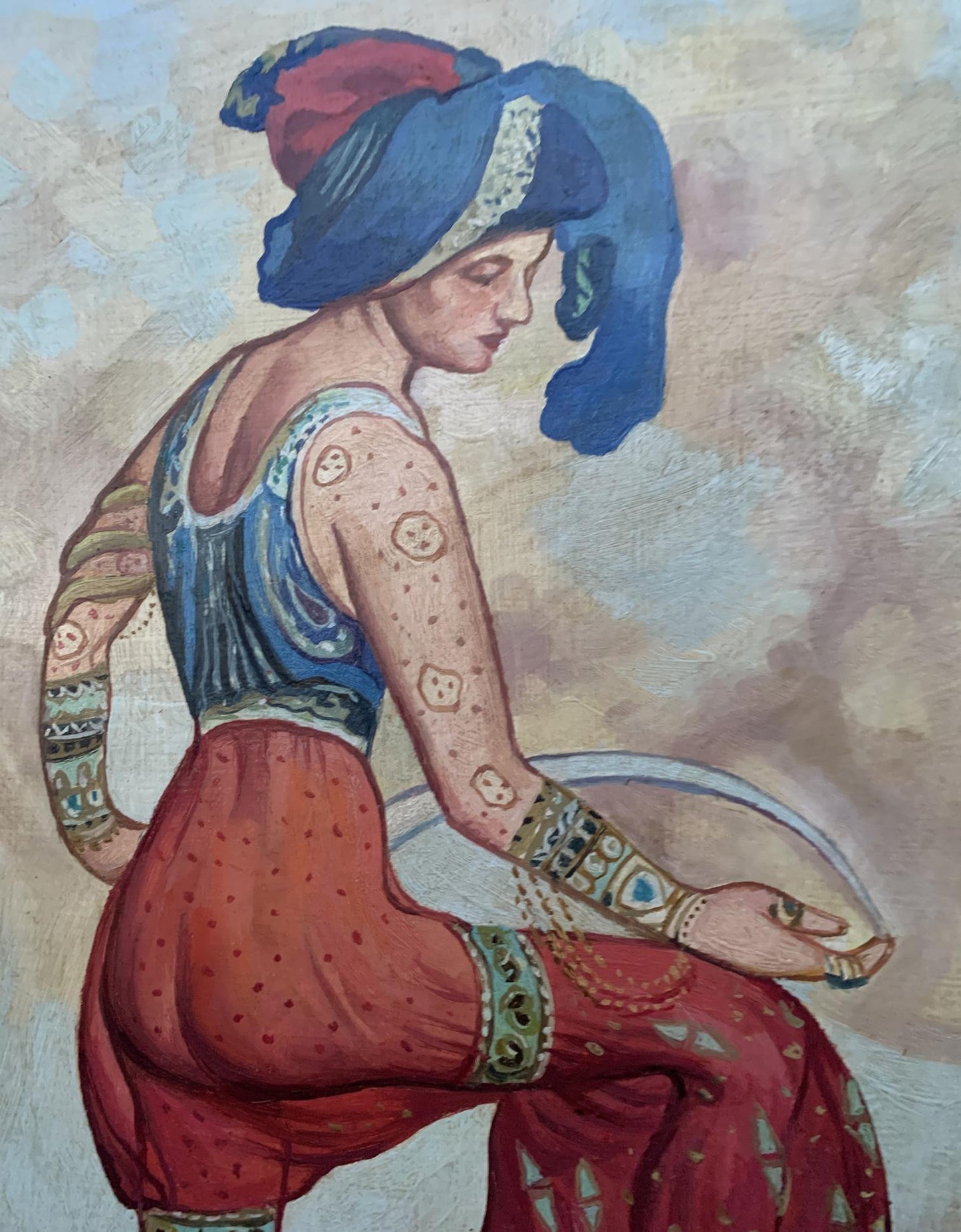 Oil painting Red Sultana by Lev Bakst V. Konotopsky, woman in blue turban