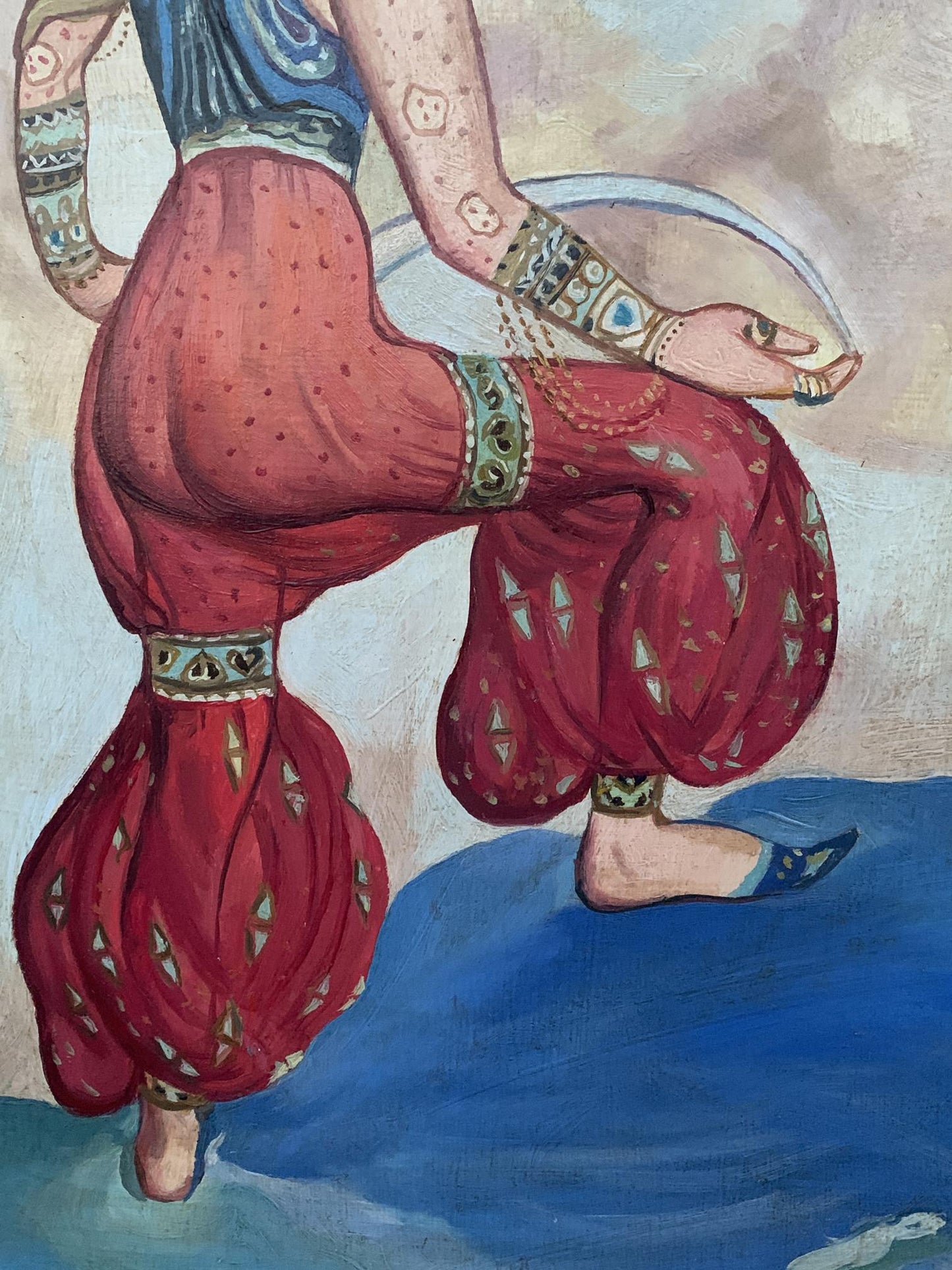 Oil painting Red Sultana by Lev Bakst V. Konotopsky, vibrant red patterned garment