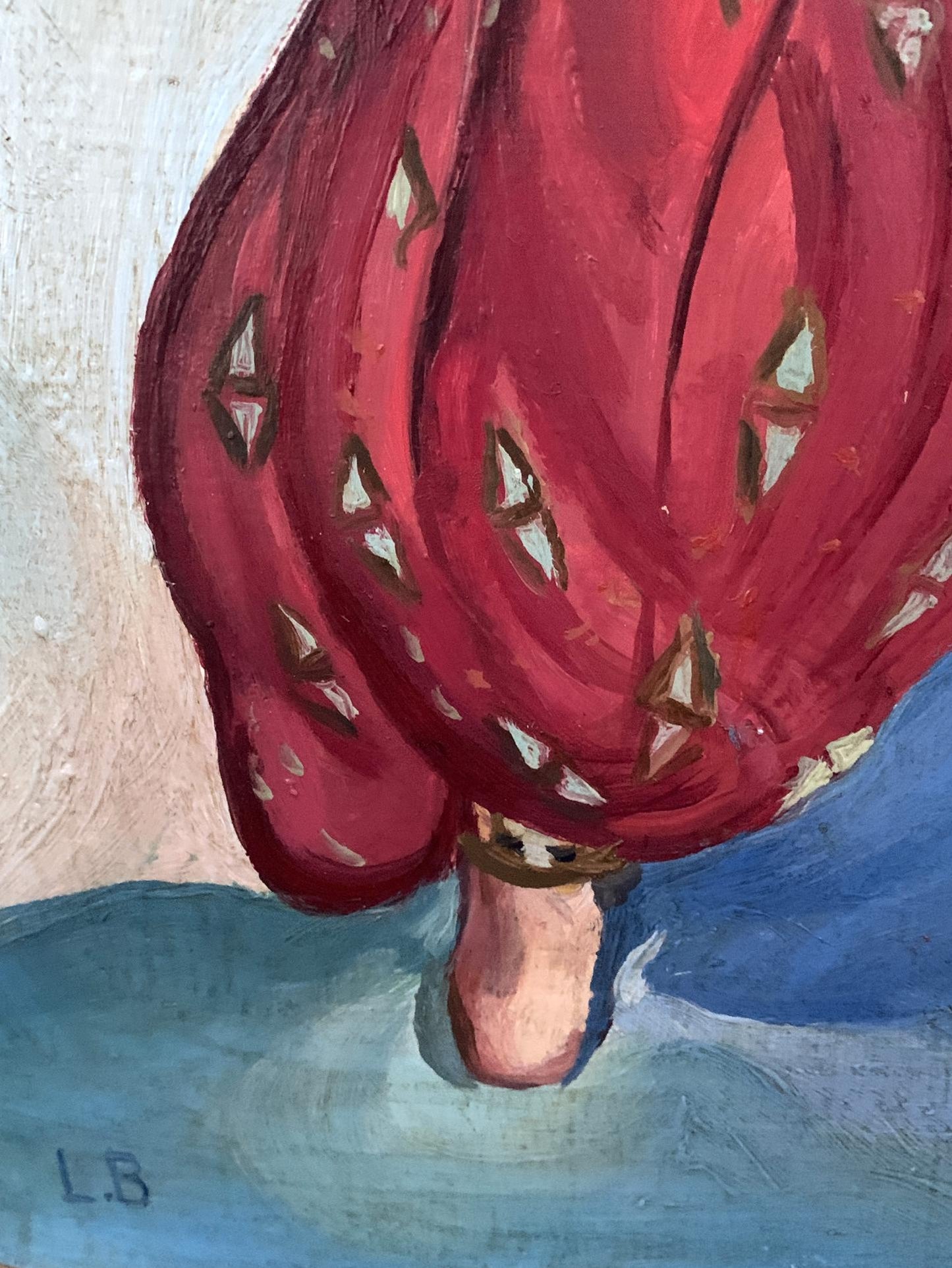 Oil painting Red Sultana by Lev Bakst V. Konotopsky: vibrant red textured skirt with white brown triangle cutouts