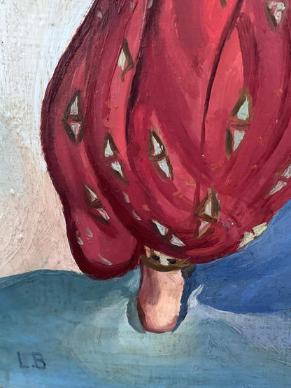 Oil painting Red Sultana by Lev Bakst V. Konotopsky: vibrant red textured skirt with white brown triangle cutouts