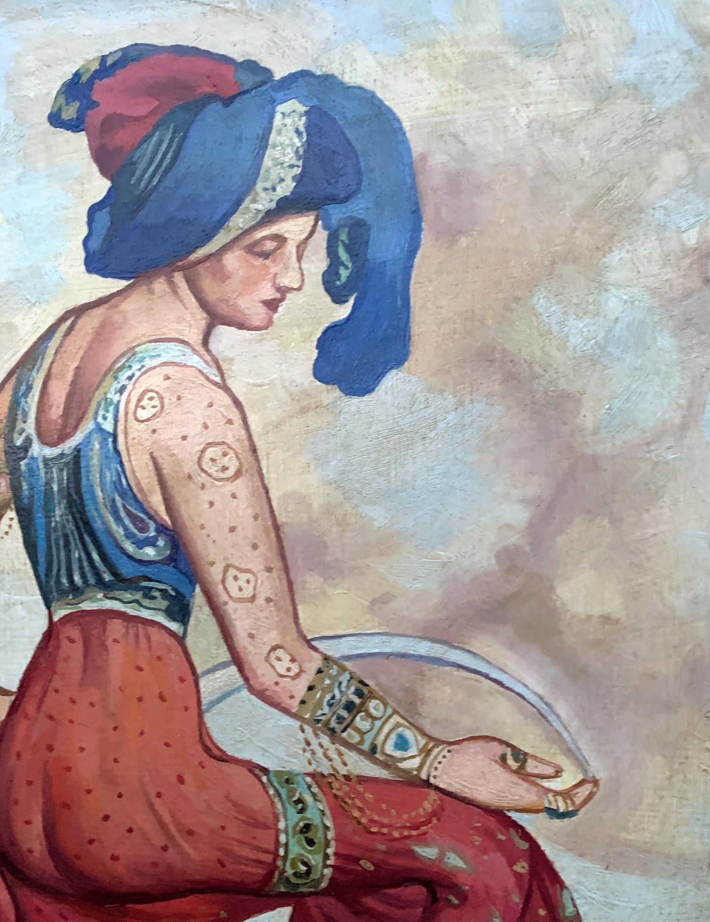 Oil painting of Red Sultana by Lev Bakst, V. Konotopsky, vibrant turban and paisley top