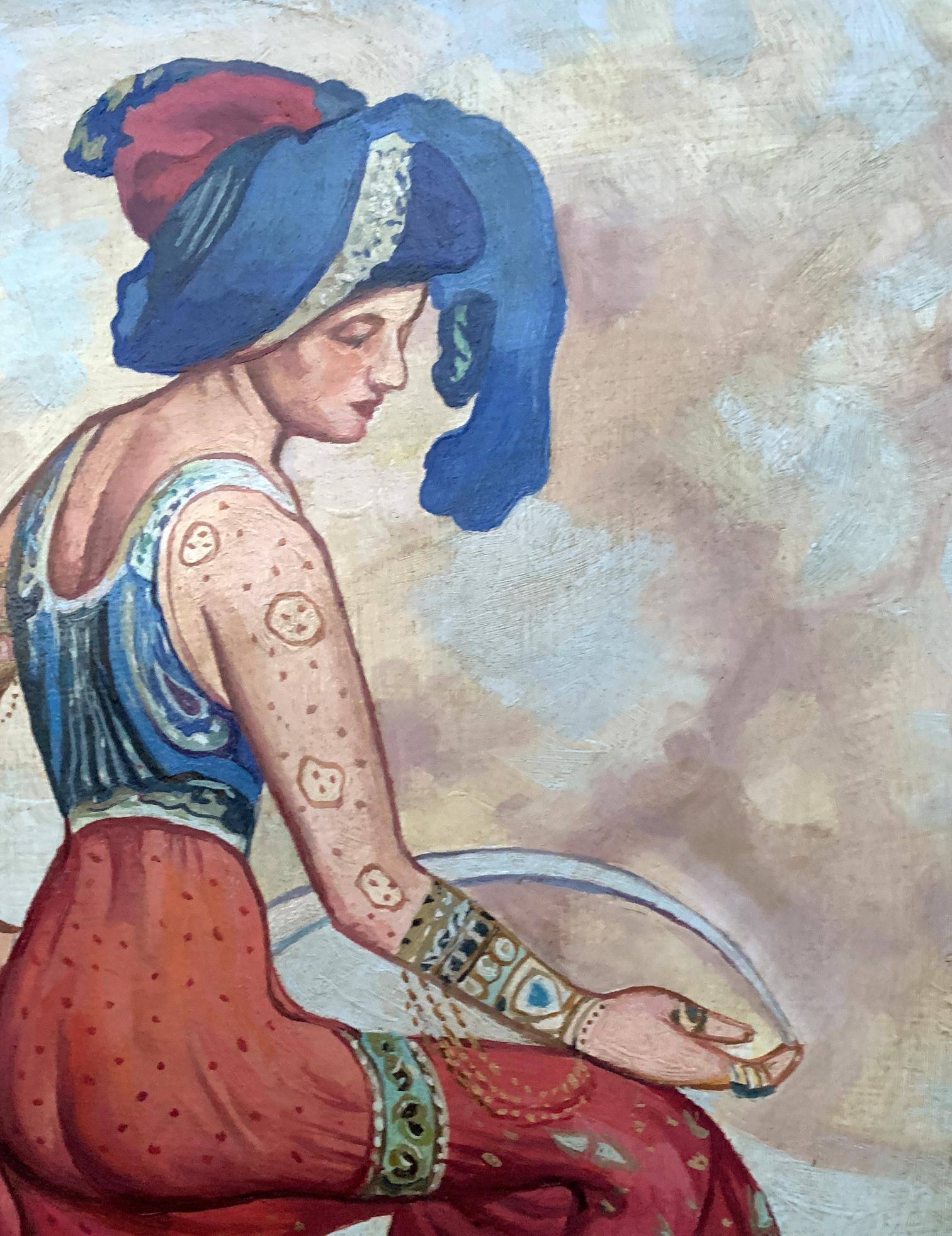 Oil painting of Red Sultana by Lev Bakst, V. Konotopsky, vibrant turban and paisley top