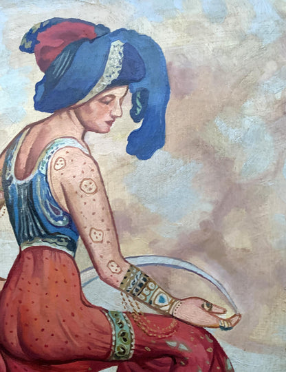 Oil painting of Red Sultana by Lev Bakst, V. Konotopsky, vibrant turban and paisley top