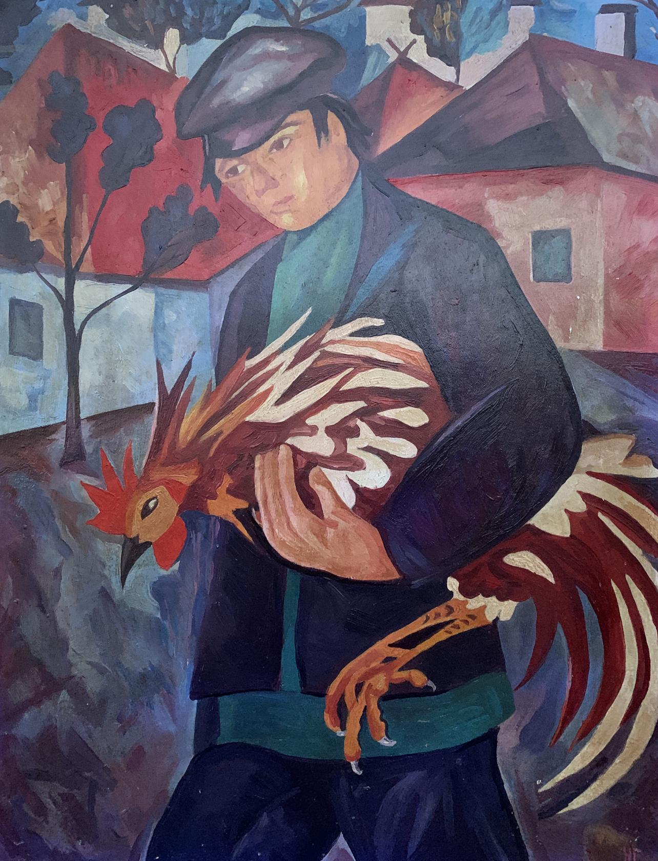 Oil painting of man with vibrant rooster by V. Konotopsky, Natalia Goncharova style