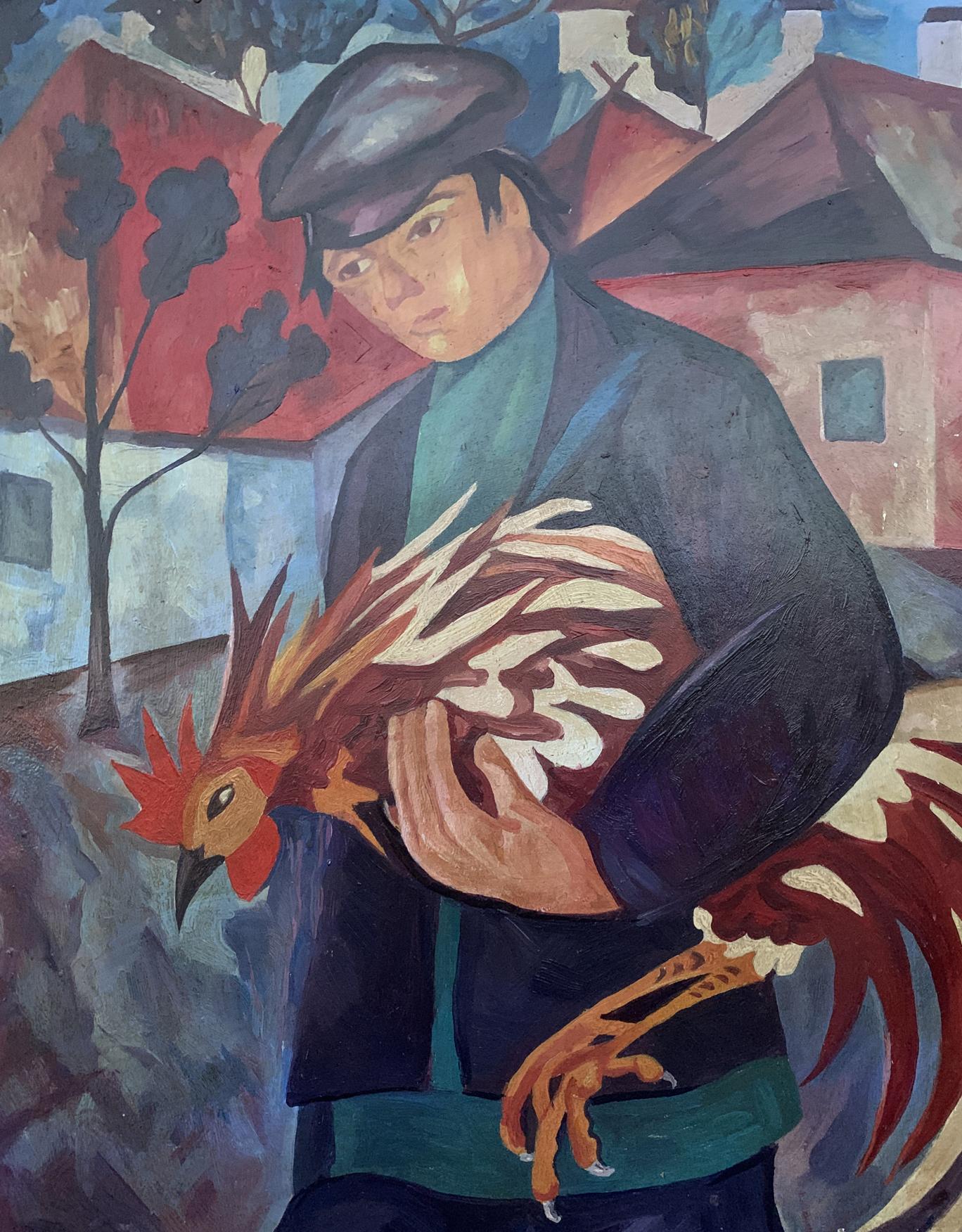 Vibrant stylized rooster in painterly hand, oil painting by V. Konotopsky after Goncharova