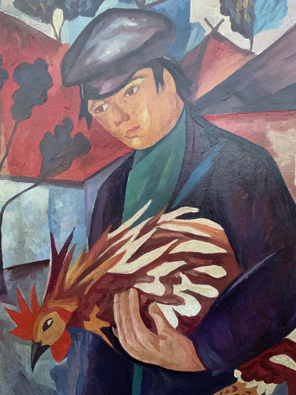 Oil painting of man with rooster by V. Konotopsky, inspired by Natalia Goncharova