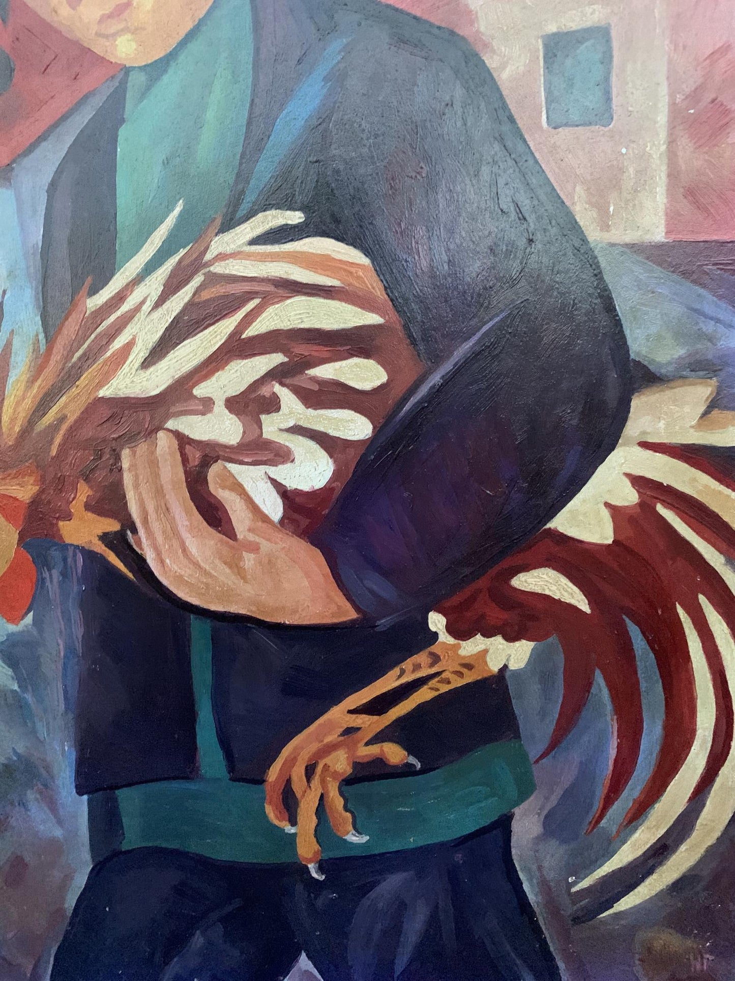 Vibrant oil painting of man embracing fiery red rooster by V. Konotopsky