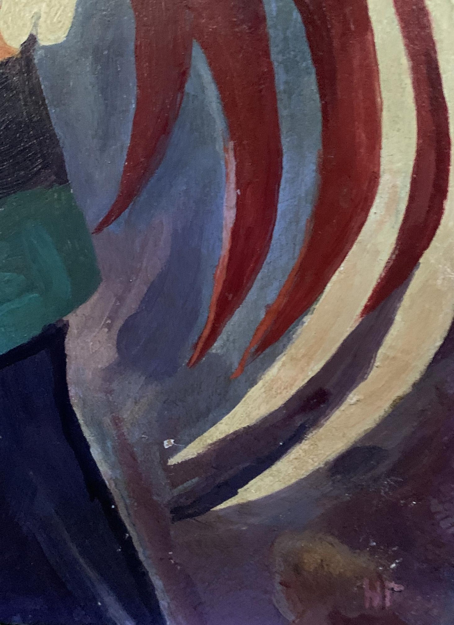 Oil painting Man with a Rooster by V. Konotopsky, red-cream stripes on blue