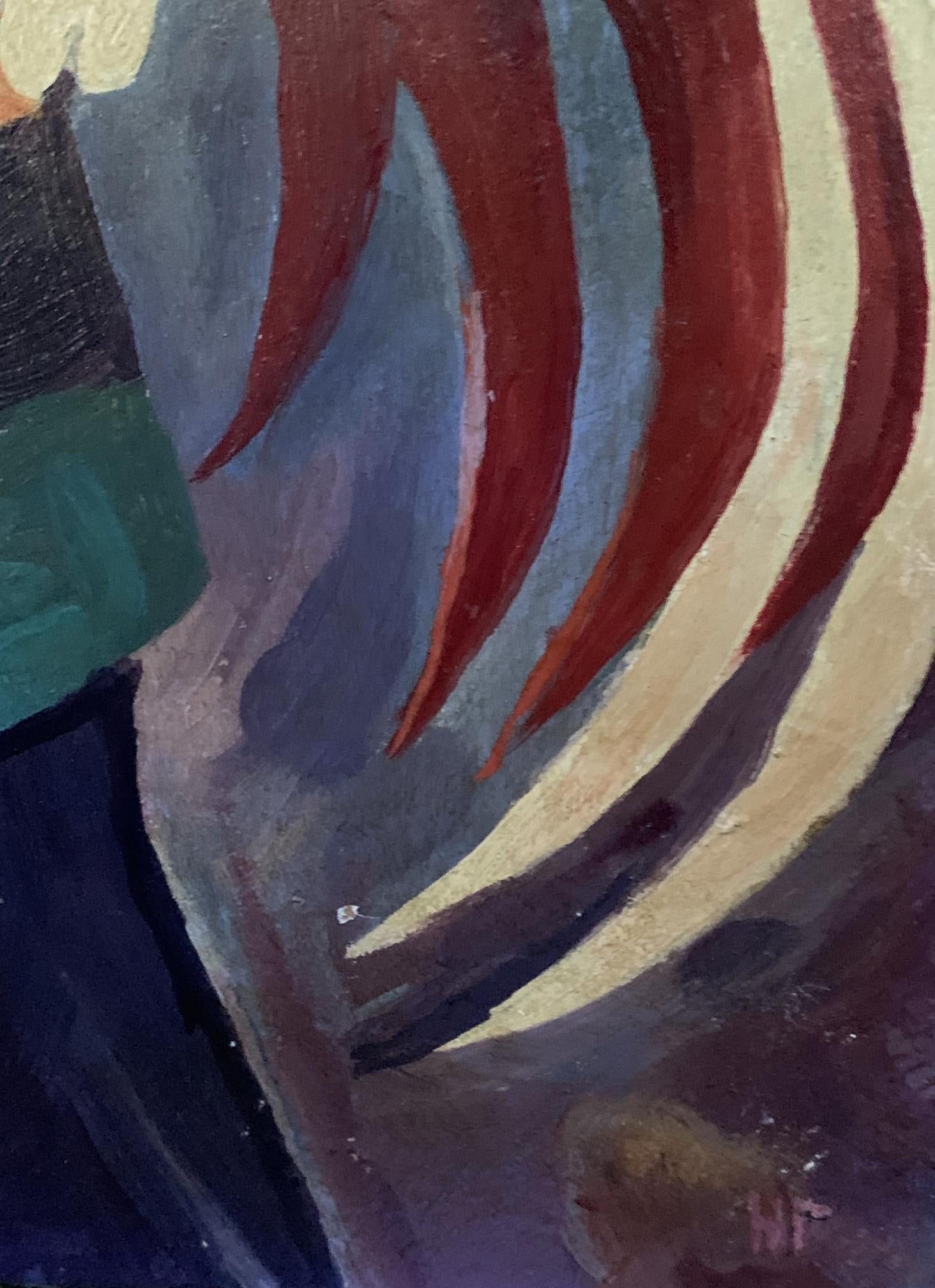 Oil painting Man with a Rooster by V. Konotopsky, red-cream stripes on blue