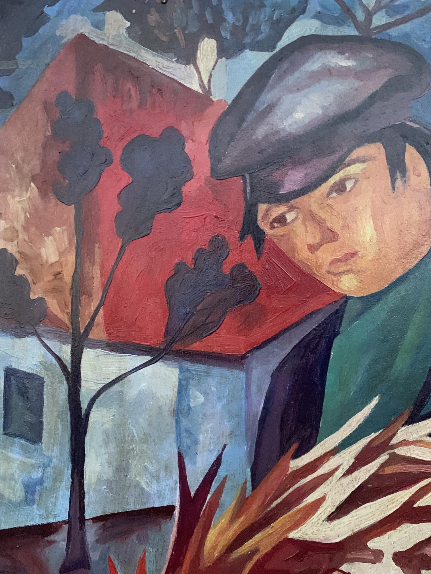 Stylized oil painting of man with rooster by V. Konotopsky, Goncharova style