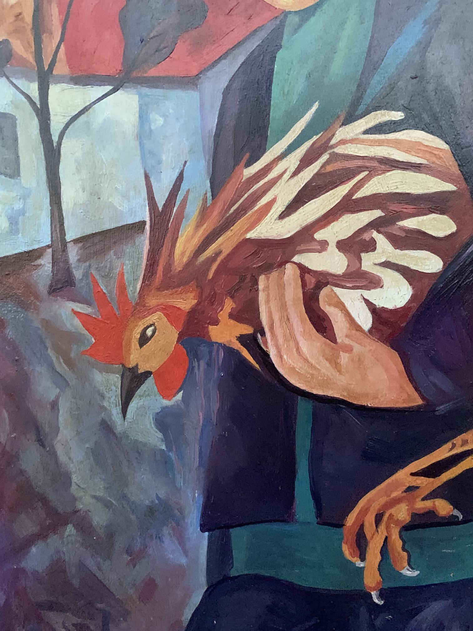Vibrant oil painting of man with fiery rooster by V. Konotopsky, Goncharova style