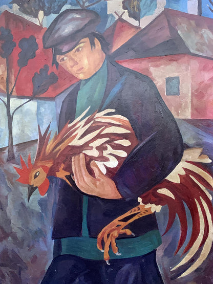 Vibrant oil painting of man with rooster by V. Konotopsky, after Goncharova