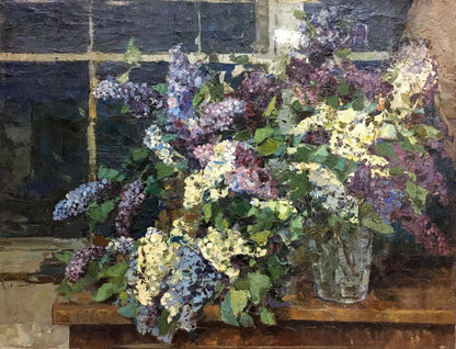 Oil painting of lush lilac bouquet in vase by Zakharov Fedor Zakharovich