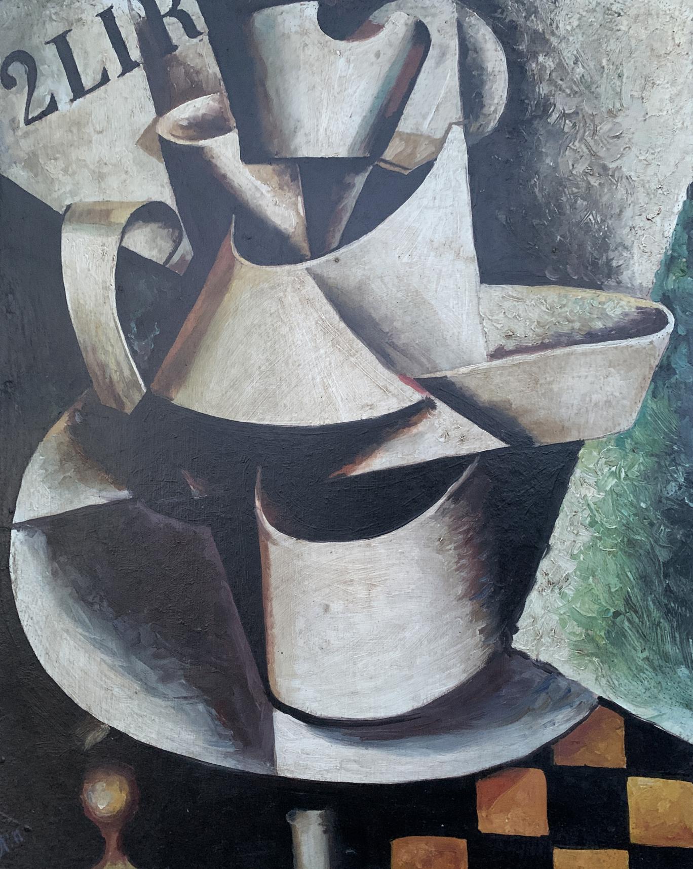 Abstract cubist oil painting of stacked silver gray pitchers by V. Konotopsky