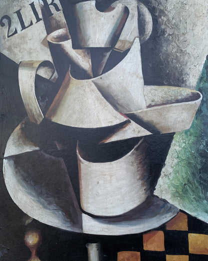 Abstract cubist oil painting of stacked silver gray pitchers by V. Konotopsky