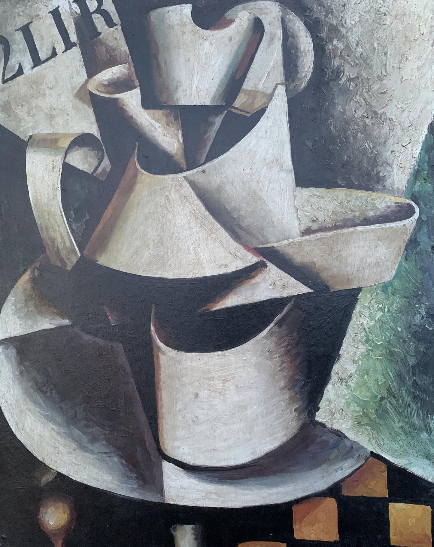 Cubist abstract oil painting of metallic pitchers by V. Konotopsky