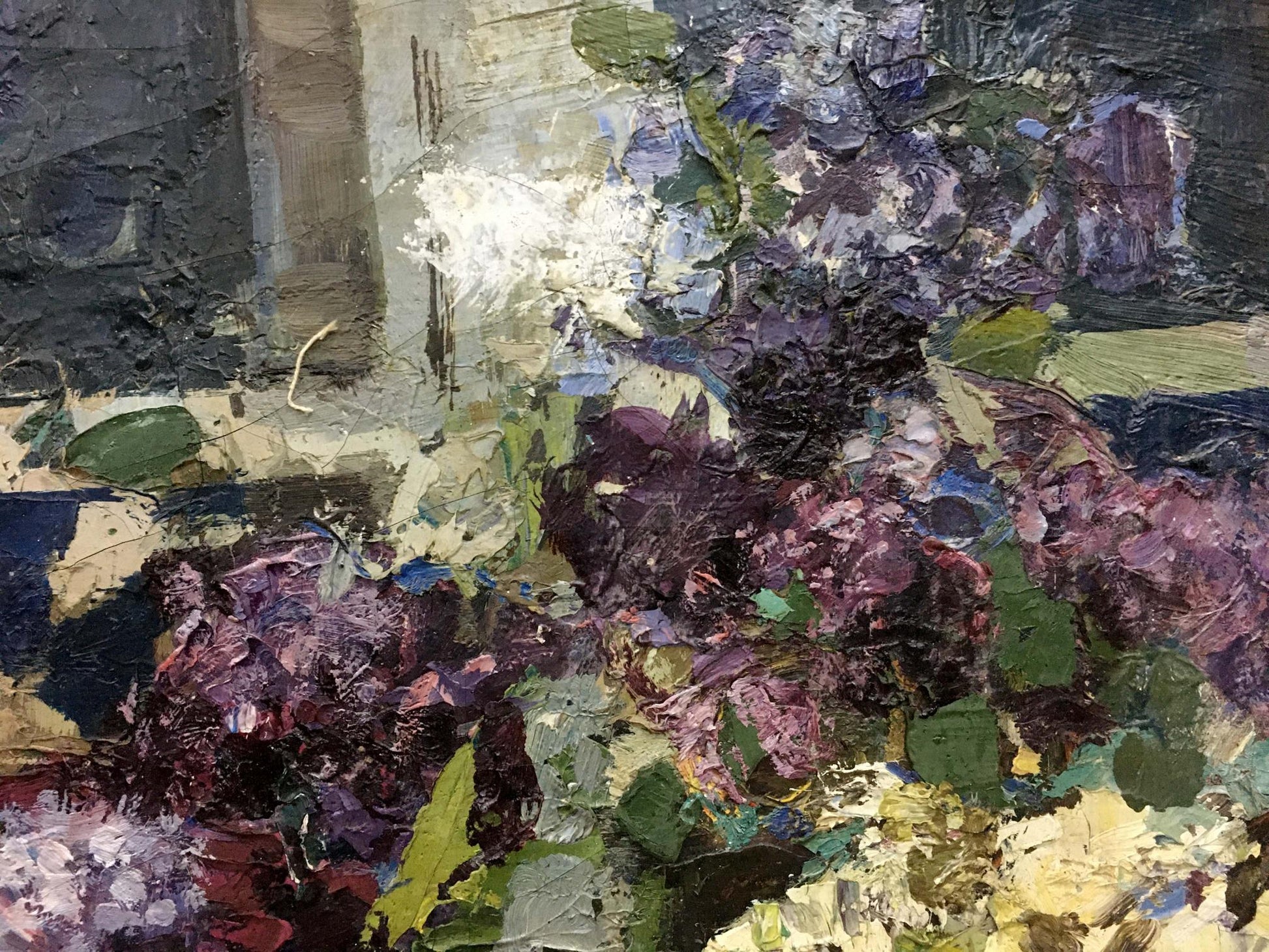 Textured oil painting of vibrant purple green Lilac hydrangeas by Zakharov Fedor Zakharovich