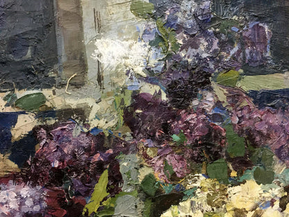 Textured oil painting of vibrant purple green Lilac hydrangeas by Zakharov Fedor Zakharovich