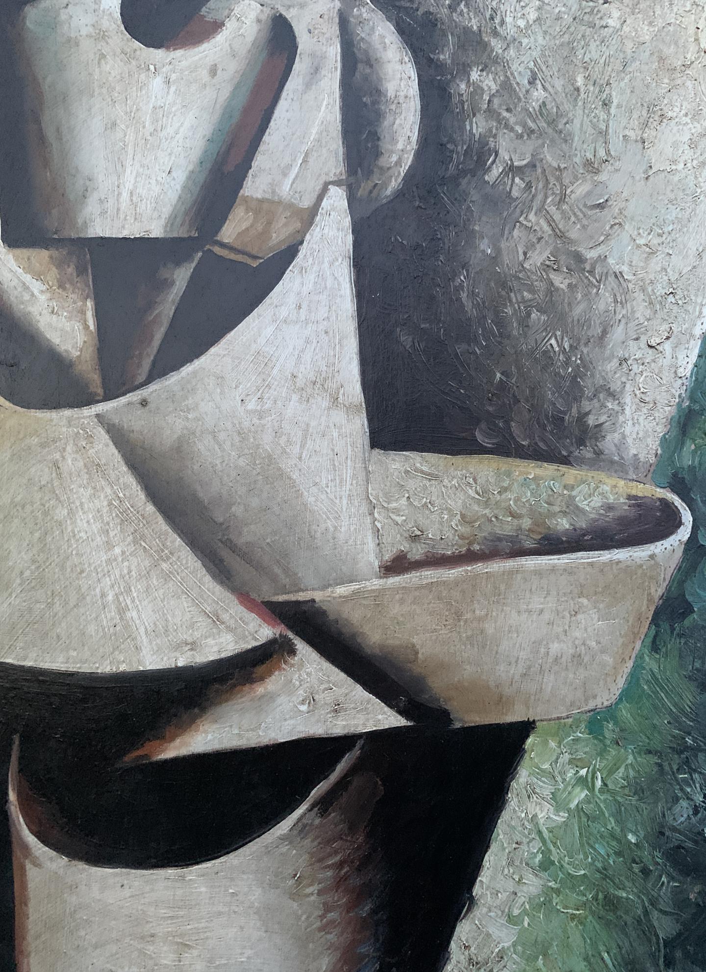 Abstract oil painting Mans thoughts by V. Konotopsky, muted grays textured
