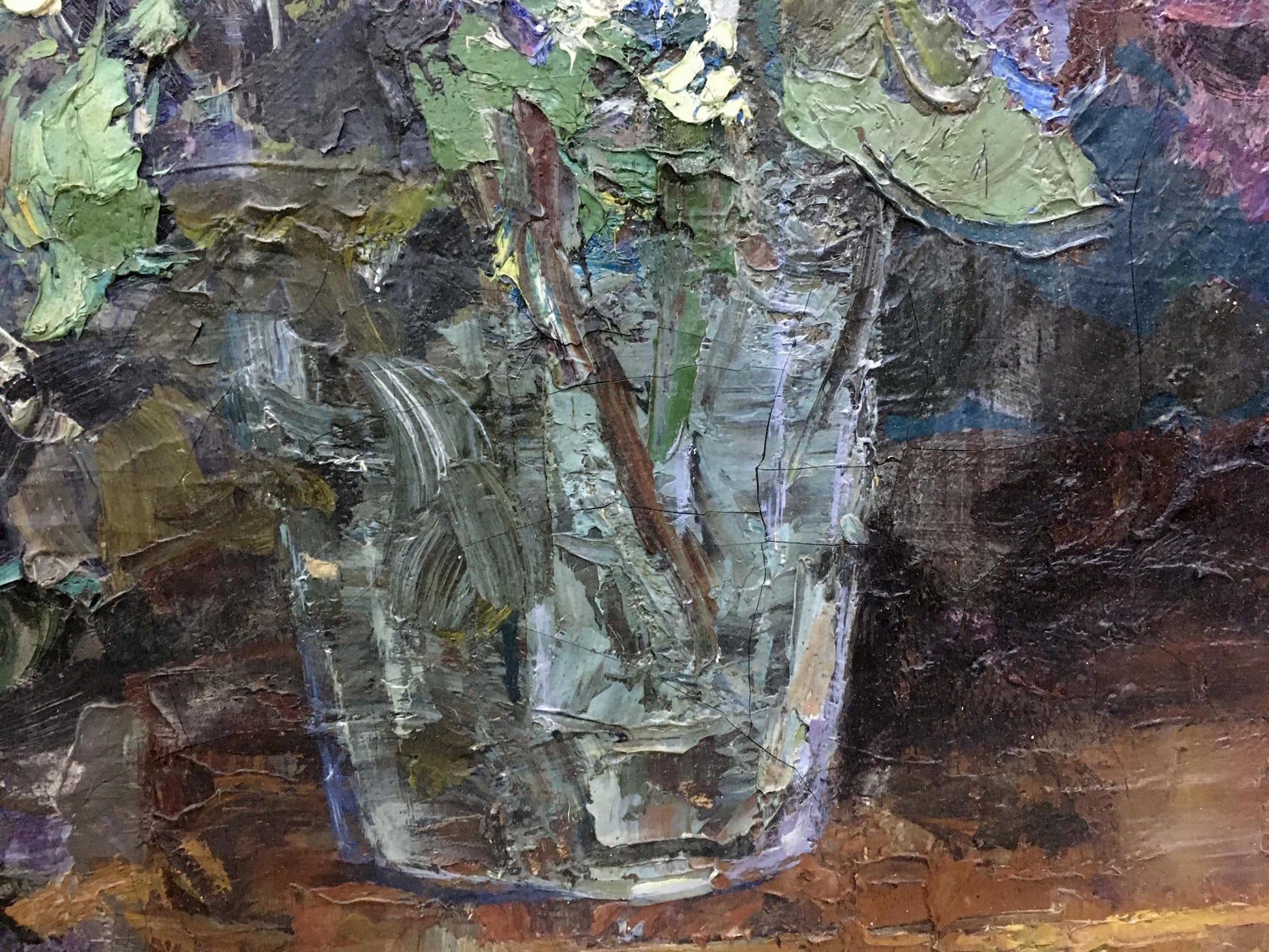 Oil painting Lilac by Zakharov Fedor Zakharovich with textured green white flowers in glass vase