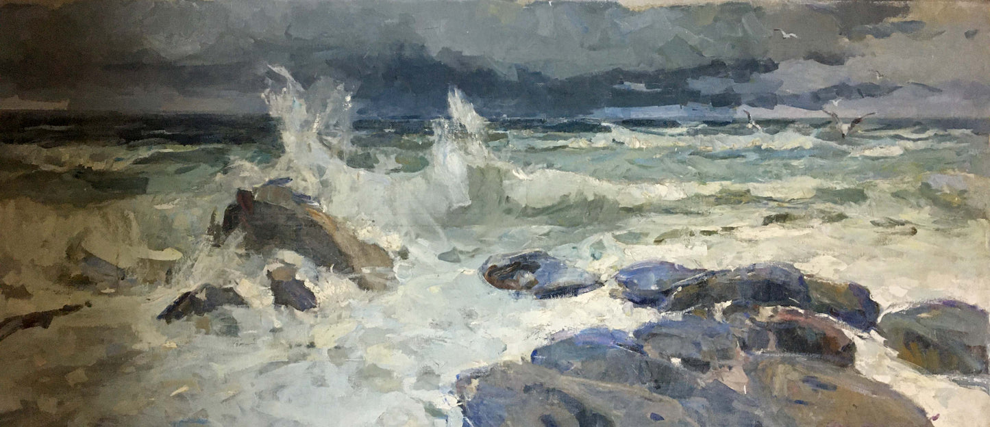 Stormy waves crash on rocks in Sea Breeze oil painting by Zakharov Fedor Zakharovich