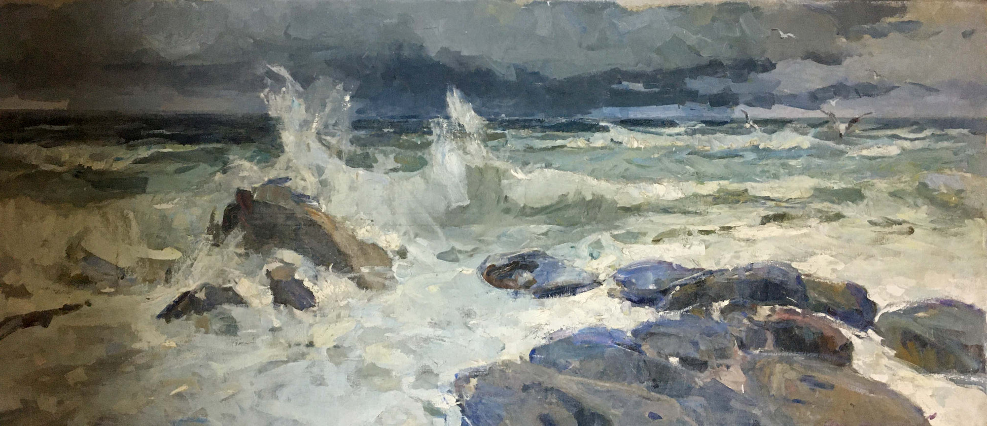 Stormy waves crash on rocks in Sea Breeze oil painting by Zakharov Fedor Zakharovich