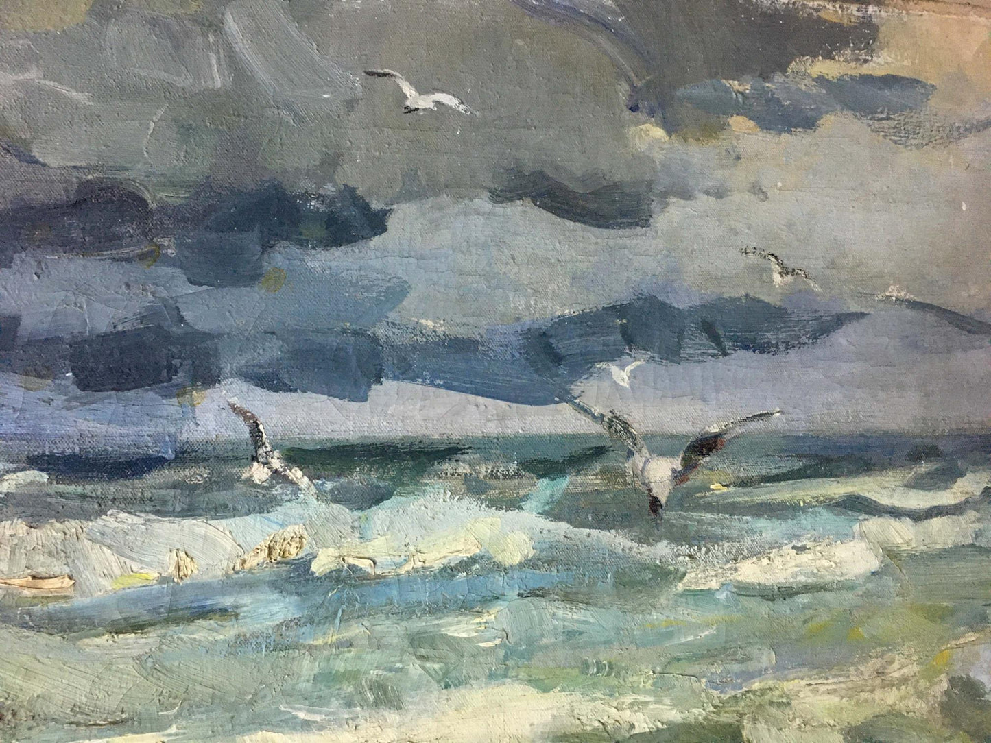 Oil painting Sea Breeze by Fedor Zakharov: seagulls over turbulent waves