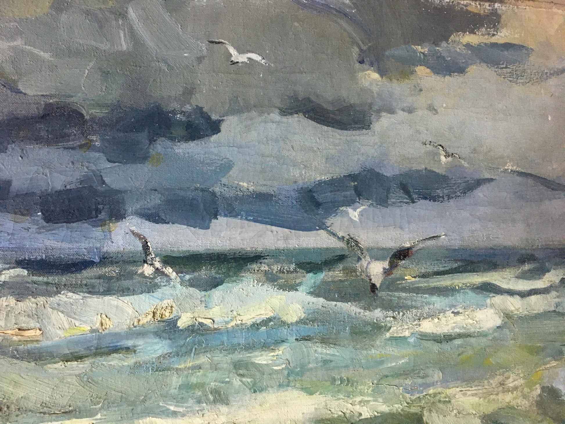 Oil painting Sea Breeze by Fedor Zakharov: seagulls over turbulent waves