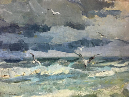 Oil painting Sea Breeze by Fedor Zakharov: seagulls over turbulent waves