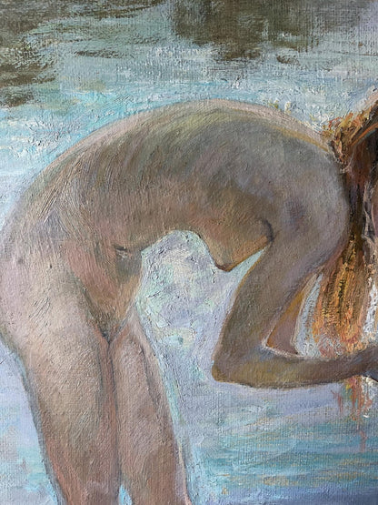 Oil painting Bathing in the Sun by V. Mishurovsky: nude figure in earthy tones