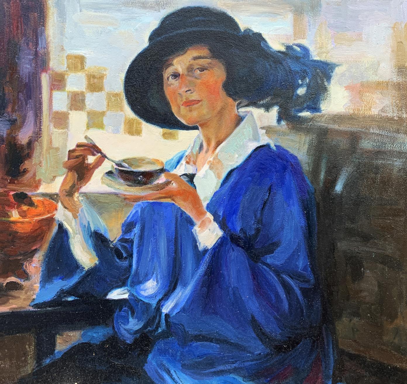 Oil painting by Boris Serdyuk: woman in black hat and blue coat holds tea bowl