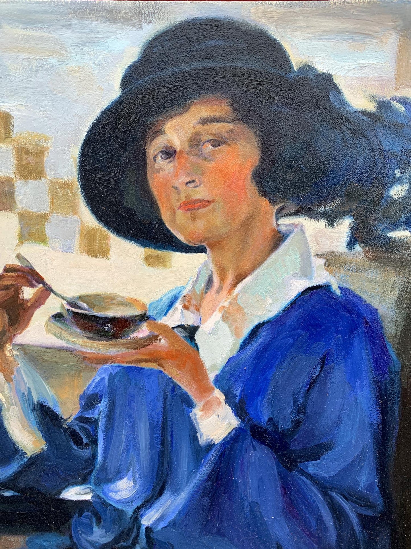 Oil painting by Boris Serdyuk: woman in hat and coat holds tea bowl
