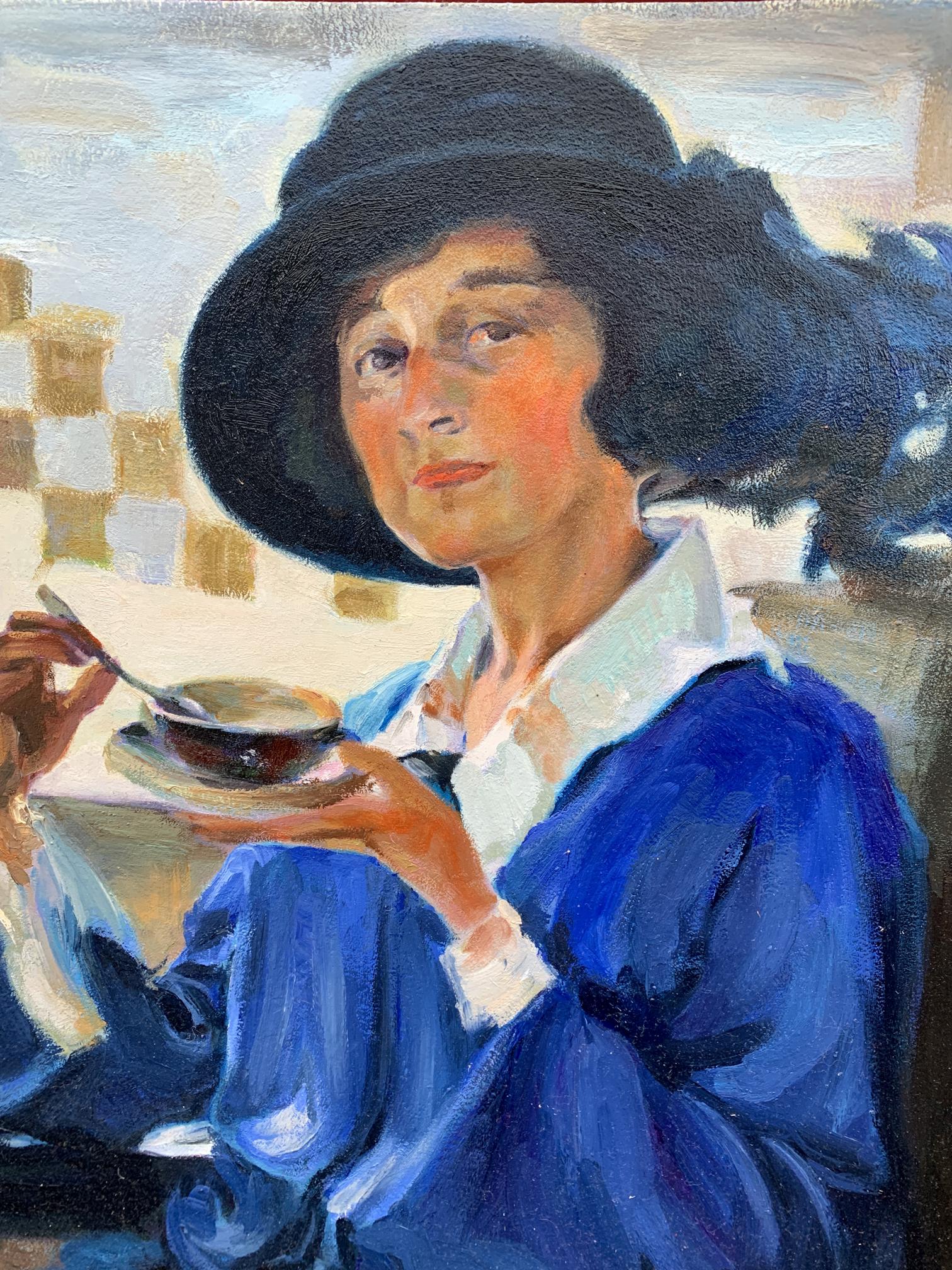 Oil painting by Boris Serdyuk: woman in hat and coat holds tea bowl