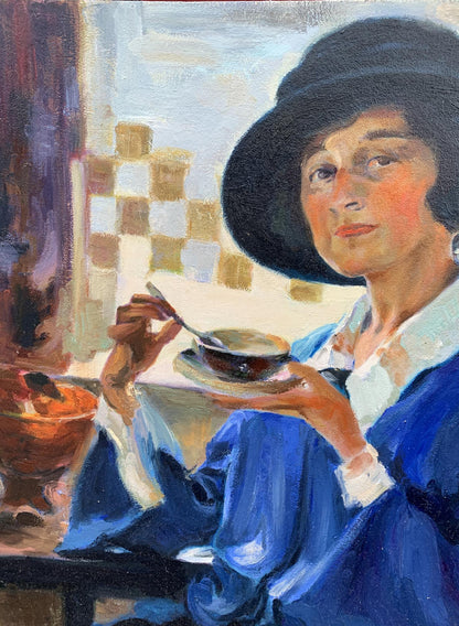 Oil painting of woman having tea by Boris Serdyuk
