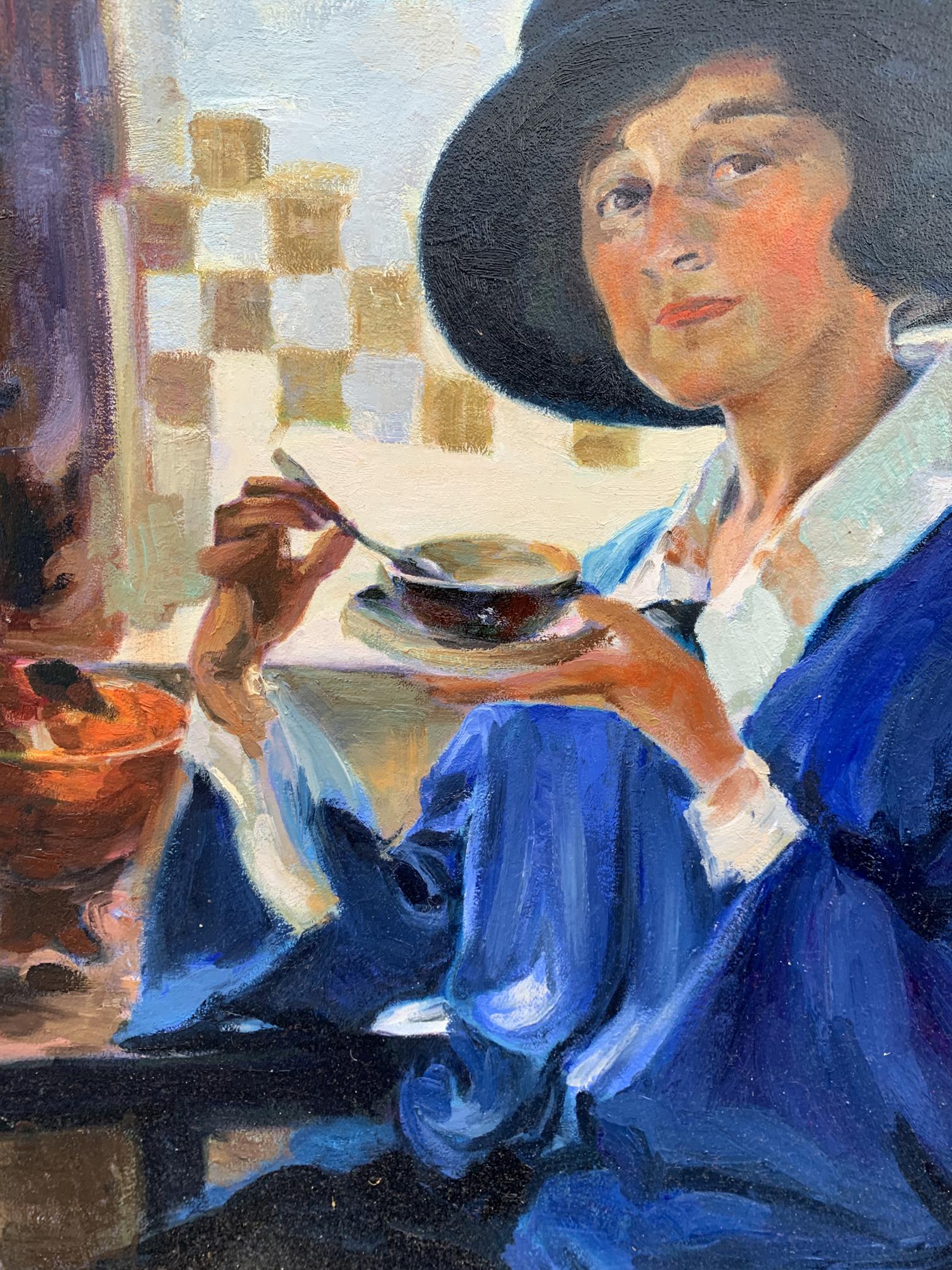 Oil painting of woman having tea by Boris Serdyuk, blue dress and hat