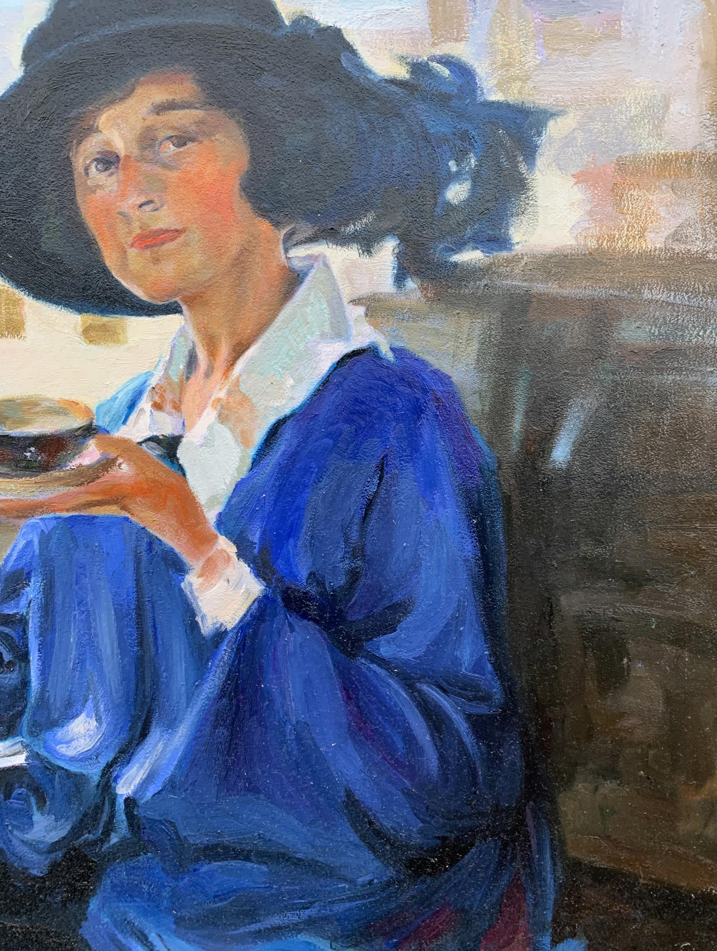Oil painting of woman having tea by Boris Serdyuk in blue coat and hat