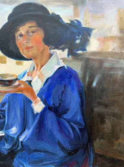 Oil painting of woman having tea by Boris Serdyuk in blue coat and hat