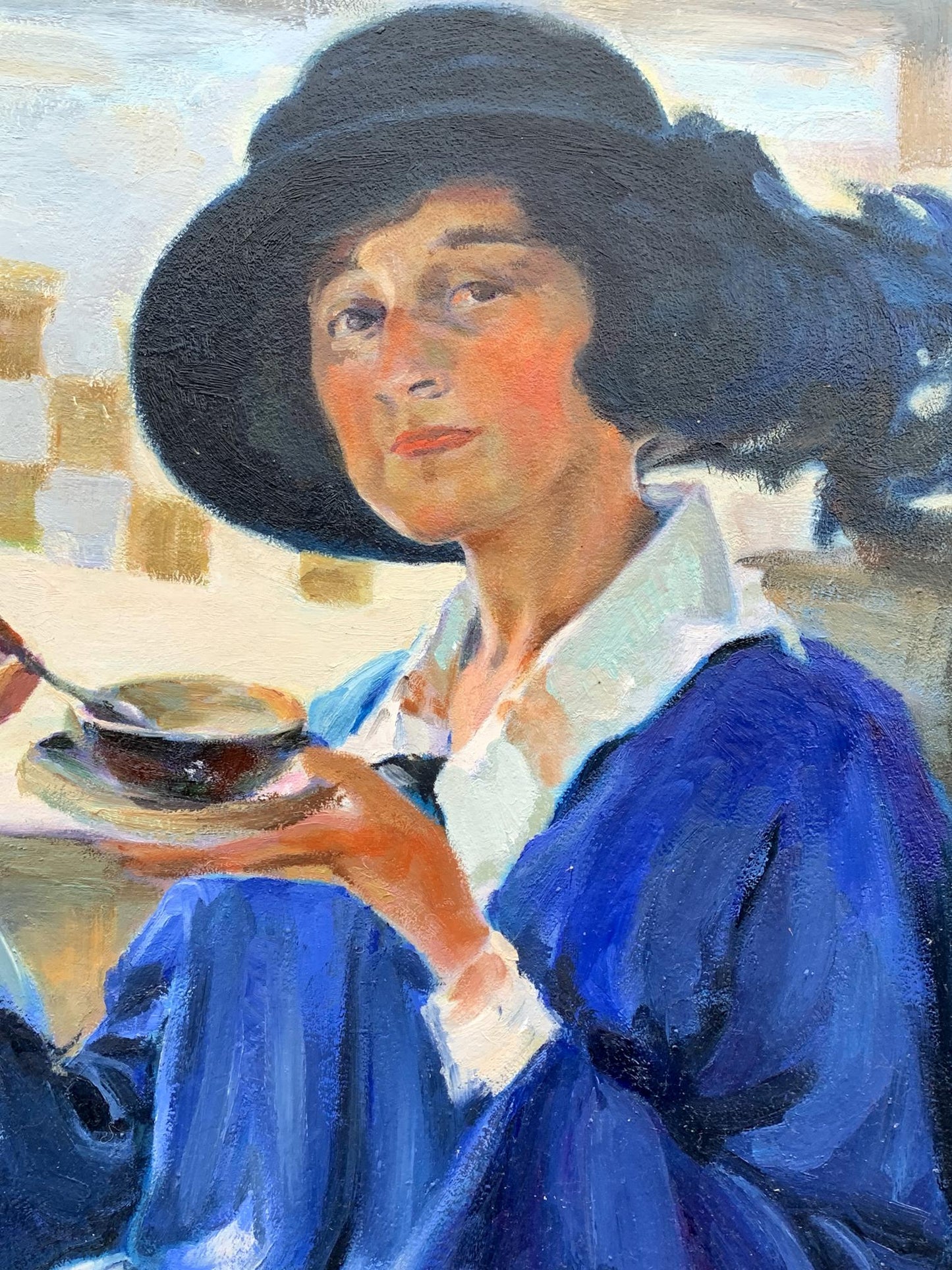 Oil painting by Boris Serdyuk: woman in black hat and blue coat holds teacup