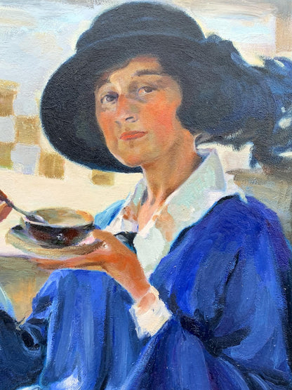 Oil painting by Boris Serdyuk: woman in black hat and blue coat holds teacup