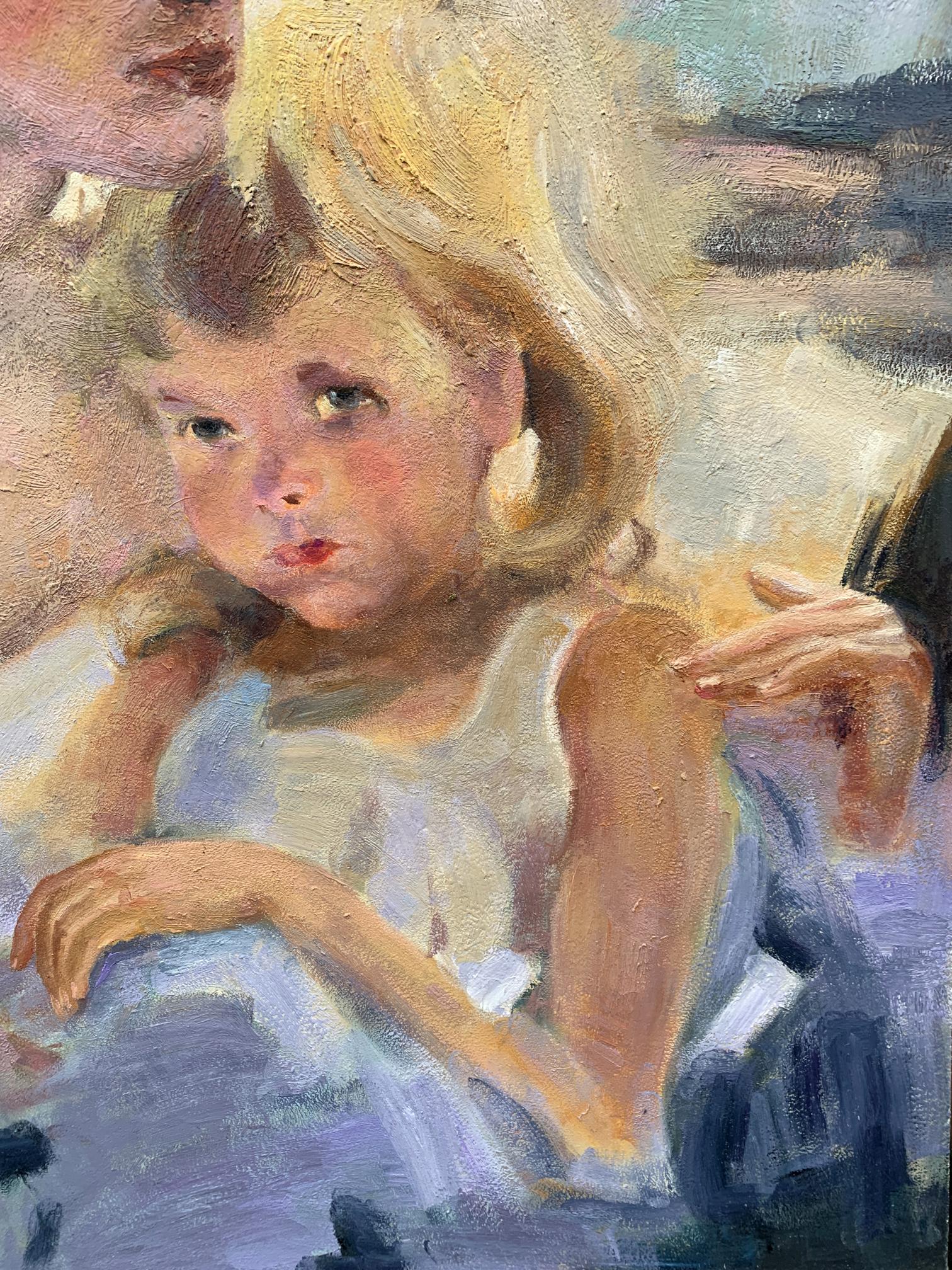 Oil painting of mom and daughter by Boris Serdyuk, soft-focus blonde girl in blue dress