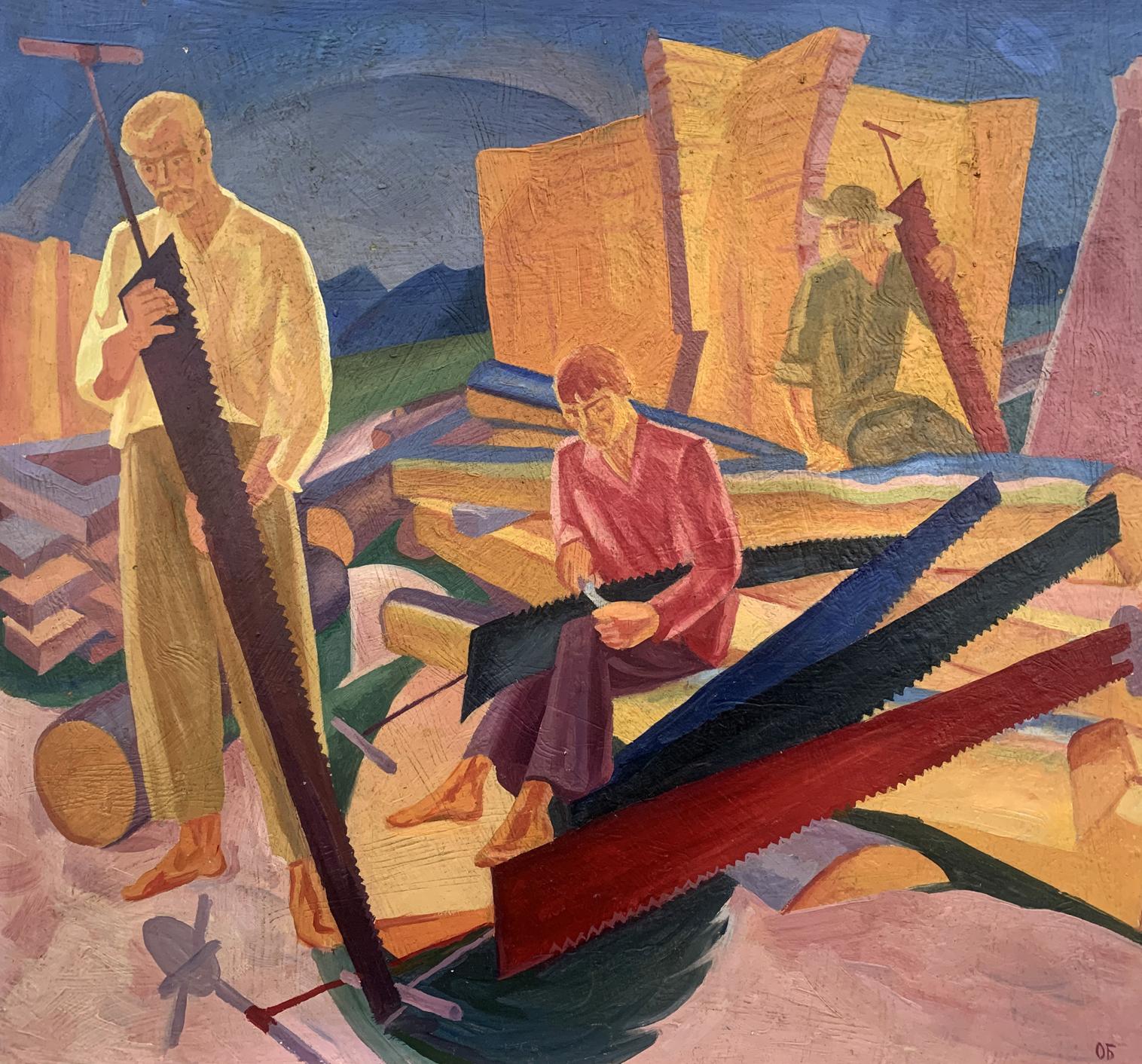 Abstract oil painting of three woodworkers at construction site by V. Konotopsky