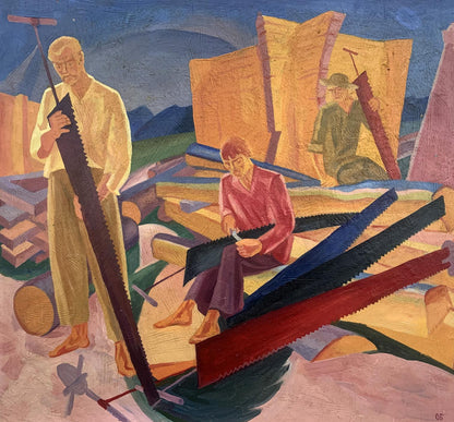 Abstract oil painting of three woodworkers at construction site by V. Konotopsky